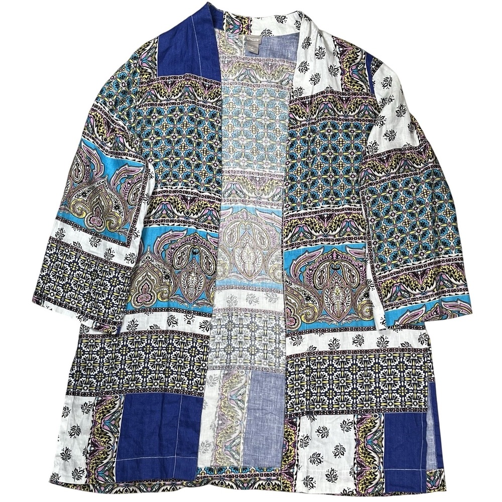 Chico's Women's 100% Linen Multicolor Floral Patchwork Print Kimono Sz Large